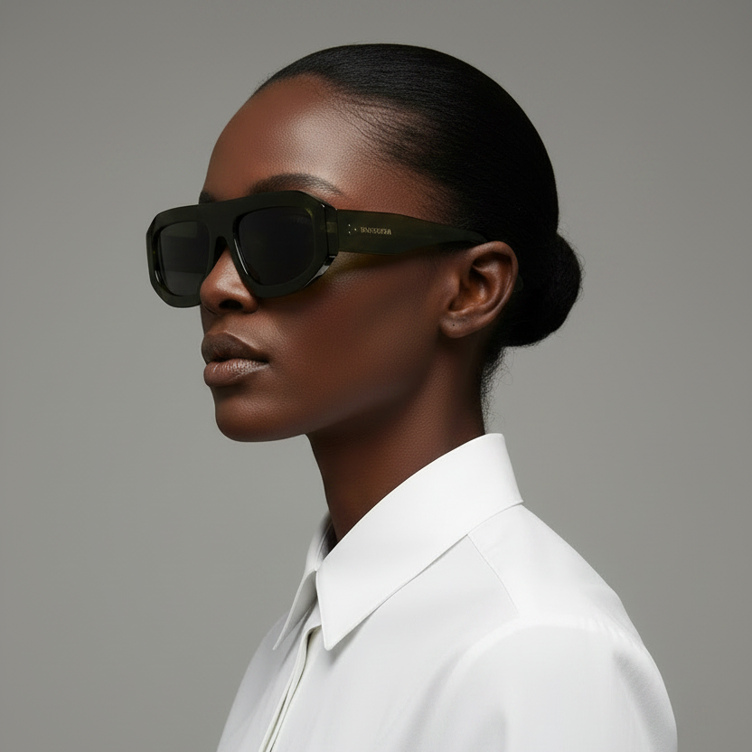 A side-profile portrait of a model wearing dark olive green square sunglasses with a white collared shirt, set against a solid gray studio background.
